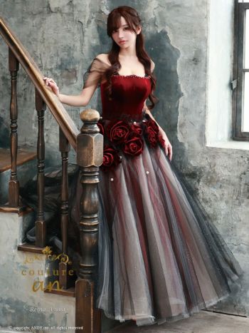 キャバドレス couture an オフショルダー 半袖 ベロア シフォン 立体フラワー チュール レースアップ バースデー Aラインロングドレス