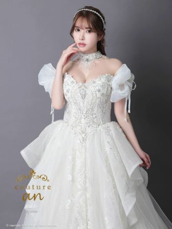 キャバドレス couture an オフショルダー 半袖 チョーカー付き シフォン フリル 蝶 ビジュー チュール レースアップ バースデー Aラインロングドレス
