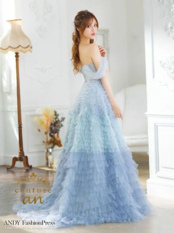 キャバドレス couture an オフショルダー シフォン フリル グラデーション コルセット風 レースアップ バースデー Aラインロングドレス