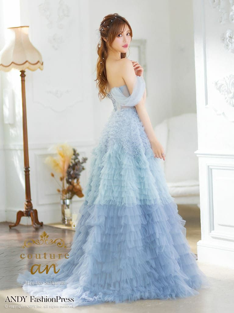 キャバドレス couture an オフショルダー シフォン フリル グラデーション コルセット風 レースアップ バースデー Aラインロングドレス