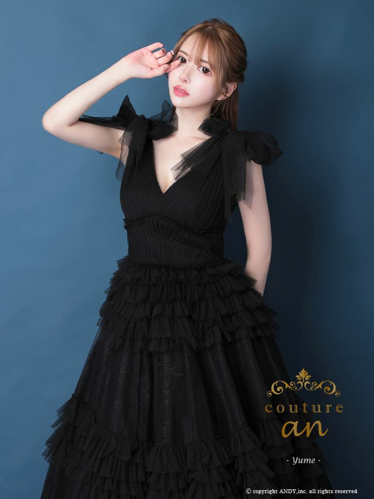 キャバドレス couture an シフォン ノースリーブ フリル ショルダールボン レースアップ バースデー Aラインロングドレス