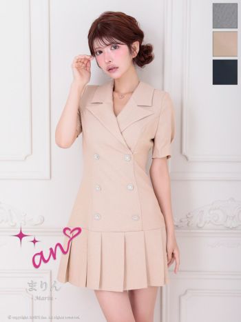 キャバドレス an アン 袖あり 襟付き パフスリーブ ビジューボタン プリーツ Vカット フレアミニドレス