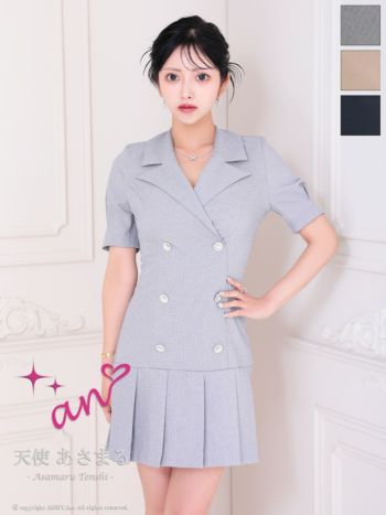 キャバドレス an アン 襟付き 袖あり パフスリーブ ビジューボタン プリーツ Vカット フレアミニドレス