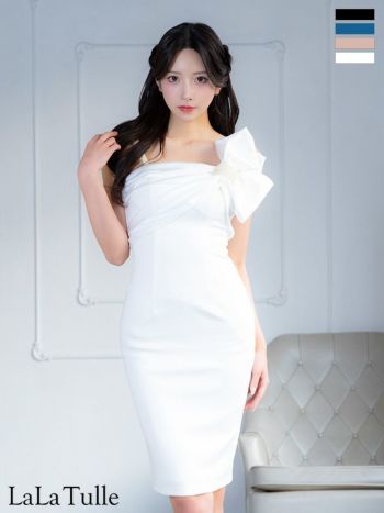 キャバドレス Veautt ヴュート ワンショルダー パールストラップ付き ビッグリボン バックスリット フェミニン 膝丈ドレス