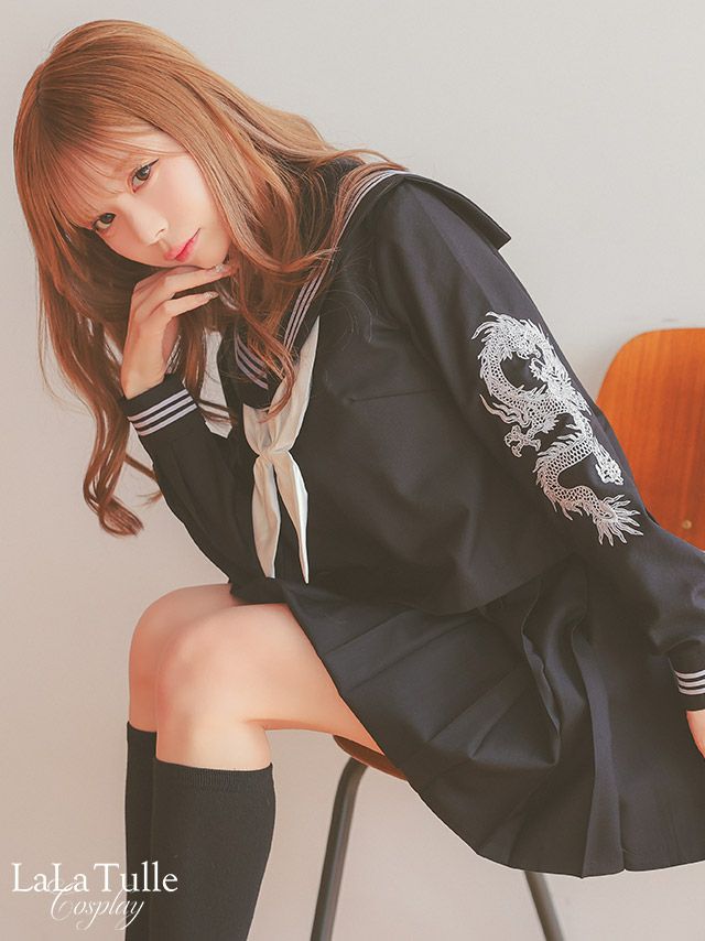 コスプレ ドラゴン柄 刺繍 プリーツミニスカート 体型カバー 袖あり セーラー服 衣装4点セット