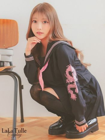 コスプレ 刺繍 プリーツミニスカート ドラゴン柄 体型カバー 袖あり セーラー服 衣装4点セット