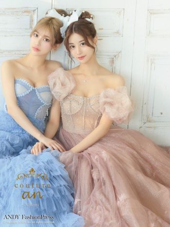 キャバドレス couture an シフォン ベアトップ フリル コルセット風 レースアップ バースデー Aラインロングドレス