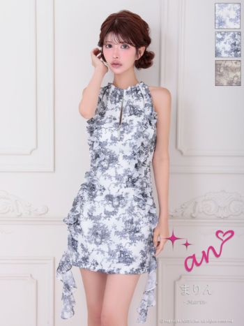 キャバドレス an アン フラワーデザイン フリル バックリボン ジップデザイン ホルターネック タイトミニドレス