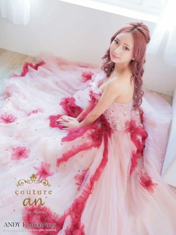 キャバドレス couture an シフォン ベアトップ フラワー ドット柄 レースアップ バースデー Aラインロングドレス