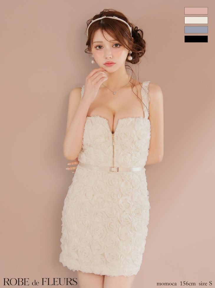 キャバドレス ROBEdeFLEURS ローブドフルール ローズレース サテン ノースリーブ ジップデザイン ガーリー タイトミニドレス
