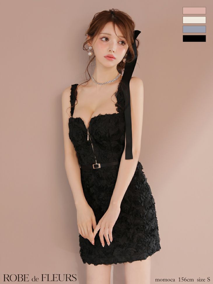 キャバドレス ROBEdeFLEURS ローブドフルール ガーリー ノースリーブ ローズレース サテン ジップデザイン タイトミニドレス
