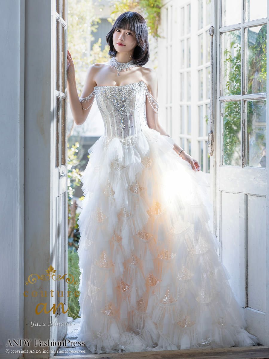 キャバドレス　couture an　チョーカー付き オフショルダー フリル シフォン スパンコール バースデー Aラインロングドレス