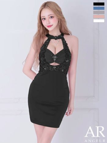 キャバドレス Angel R エンジェルアール フラワーレース ホルターネック パール セクシー ビジュー タイトミニドレス