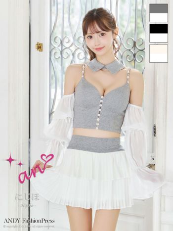 キャバドレス an アン シフォン ビジュー 襟 3way セットアップ キャミソール 袖あり フレアミニドレス