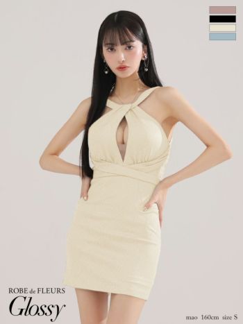 キャバドレス Glossy ROBE de FLEURS グロッシー ローブドフルール ストーン ラメニット ホルターネック クロスデザイン セクシー タイトミニドレス