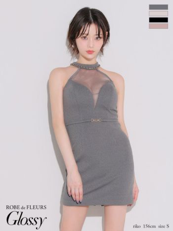 キャバドレス Glossy ROBE de FLEURS グロッシー ローブドフルール シアー ワッフル ウエストベルト チュール セクシー ホルターネック タイトミニドレス