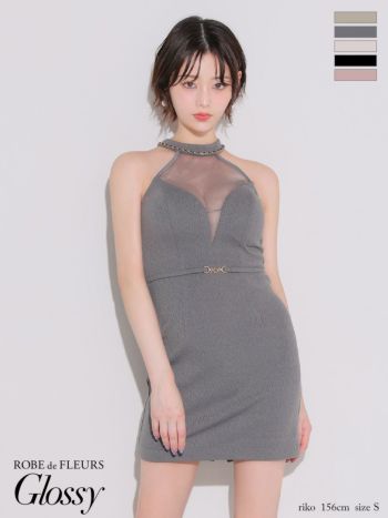 キャバドレス Glossy ROBE de FLEURS グロッシー ローブドフルール シアー ワッフル ウエストベルト チュール セクシー ホルターネック タイトミニドレス