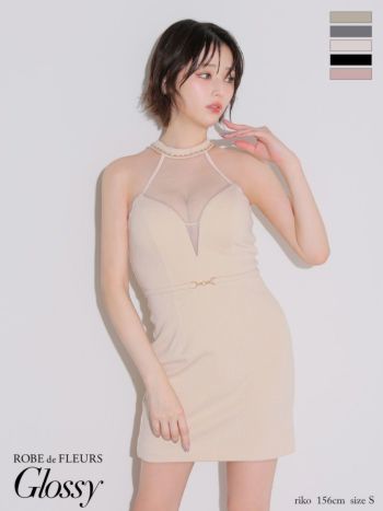 キャバドレス Glossy ROBE de FLEURS グロッシー ローブドフルール ウエストベルト チュールシアー ワッフル セクシー ホルターネック タイトミニドレス