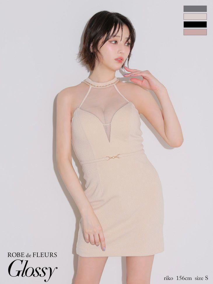 キャバドレス Glossy ROBE de FLEURS グロッシー ローブドフルール ウエストベルト チュールシアー ワッフル セクシー ホルターネック タイトミニドレス