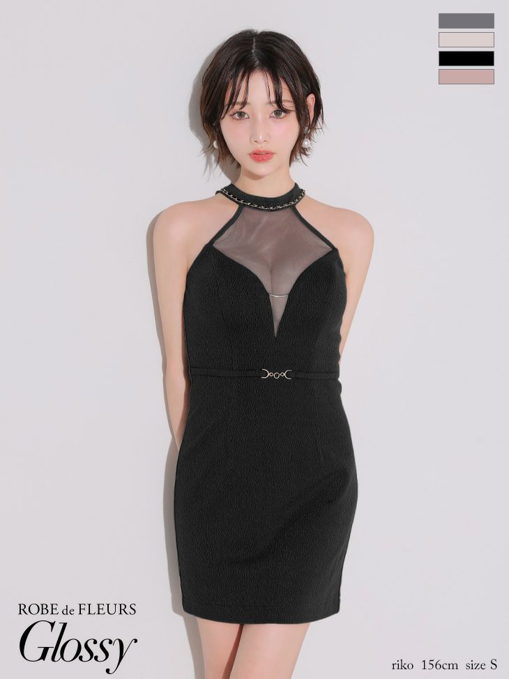 キャバドレス Glossy ROBE de FLEURS グロッシー ローブドフルール ホルターネック シアー ワッフル チュール セクシー ウエストベルト タイトミニドレス