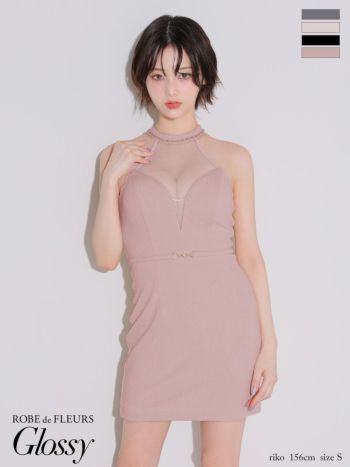 キャバドレス Glossy ROBE de FLEURS グロッシー ローブドフルール ウエストベルト シアー ワッフル チュール セクシー ホルターネック タイトミニドレス
