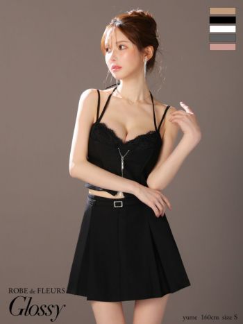 キャバドレス Glossy ROBE de FLEURS グロッシー ローブドフルール セットアップ フロントレース ジップデザイン ウエストベルト キャミソール ビスチェ風 プリーツ フレアミニドレス