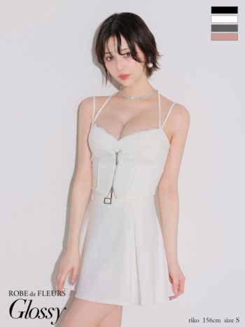 キャバドレス Glossy ROBE de FLEURS グロッシー ローブドフルール ウエストベルト キャミソール セットアップ フロントレース ジップデザイン ビスチェ風 プリーツ フレアミニドレス