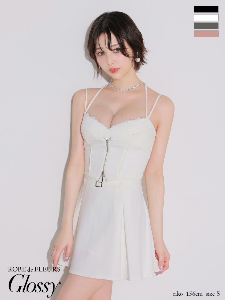 キャバドレス Glossy ROBE de FLEURS グロッシー ローブドフルール ウエストベルト キャミソール セットアップ フロントレース ジップデザイン ビスチェ風 プリーツ フレアミニドレス