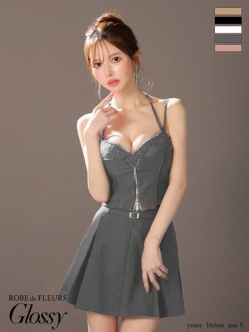 キャバドレス Glossy ROBE de FLEURS グロッシー　ローブドフルール セットアップ キャミソール ビスチェ風 フロントレース ジップデザイン ウエストベルト プリーツ フレアミニドレス
