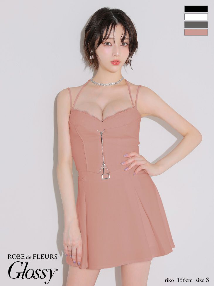 キャバドレス Glossy ROBE de FLEURS グロッシー ローブドフルール キャミソール ビスチェ風 セットアップ ジップデザイン ウエストベルト プリーツ フロントレース フレアミニドレス