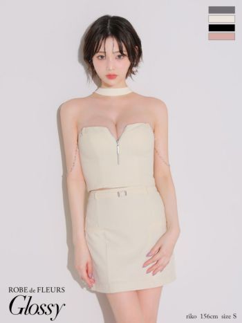 キャバドレス Glossy ROBE de FLEURS グロッシー ローブドフルール セットアップ チェーン チョーカー風 ジップデザイン セクシー タイトミニドレス