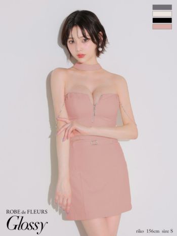 キャバドレス Glossy ROBE de FLEURS グロッシー ローブドフルール  チェーン セクシー チョーカー風 ジップデザイン セットアップ タイトミニドレス