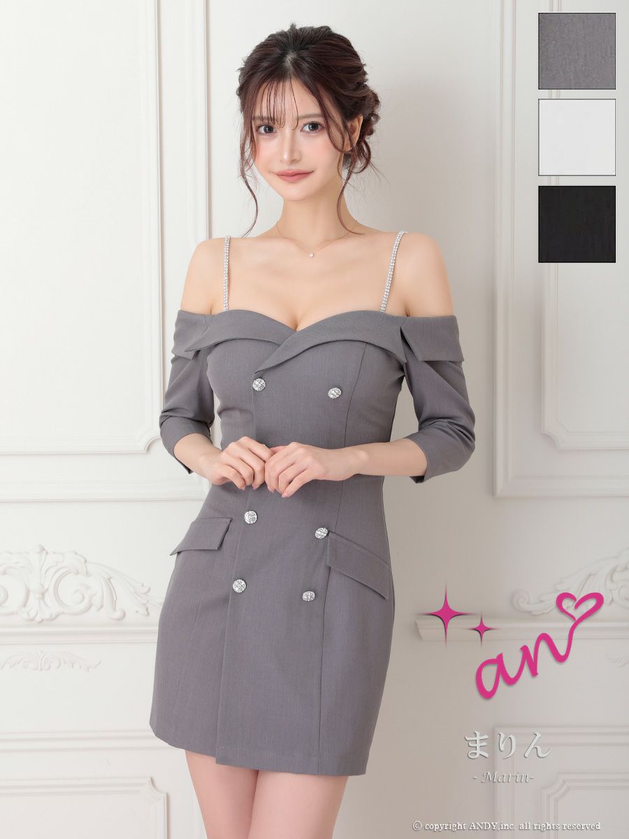 an/アン】肩あき 袖あり ビジューボタン ビジューショルダー 飾りポケット ダブルボタン タイトミニドレス