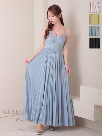 キャバドレス GLAMOROUS グラマラス ラメ ビジュー キャミソール スリット プリーツ Aラインロングドレス