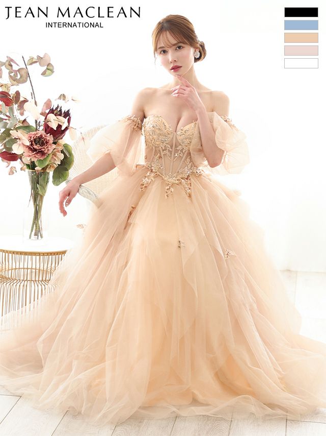 キャバドレス JEANMACLEAN ジャンマクレーン パフスリーブ チュール スパンコール バースデー オフショルダー Aラインロングドレス