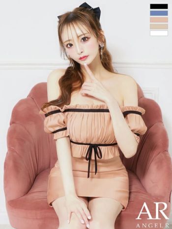 キャバドレス Angel R エンジェルアール オフショルダー ギャザー バイカラー リボン ガーリー 半袖 フレアミニドレス