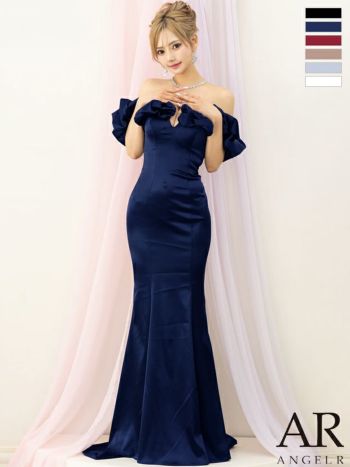 キャバドレス Angel R エンジェルアール エレガント フロントビジュー オフショルダー バストカット フリル ワンカラー マーメイドロングドレス