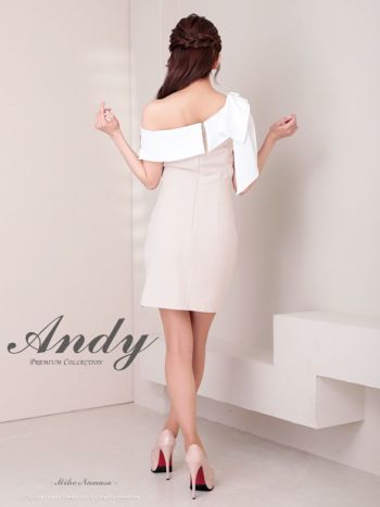 新品未使用Andy ホワイトラップドレス ビジューリボン付きM 開封のみ試着無し an/アン】ビジューボタン 袖あり 肩あき ビジューショルダー