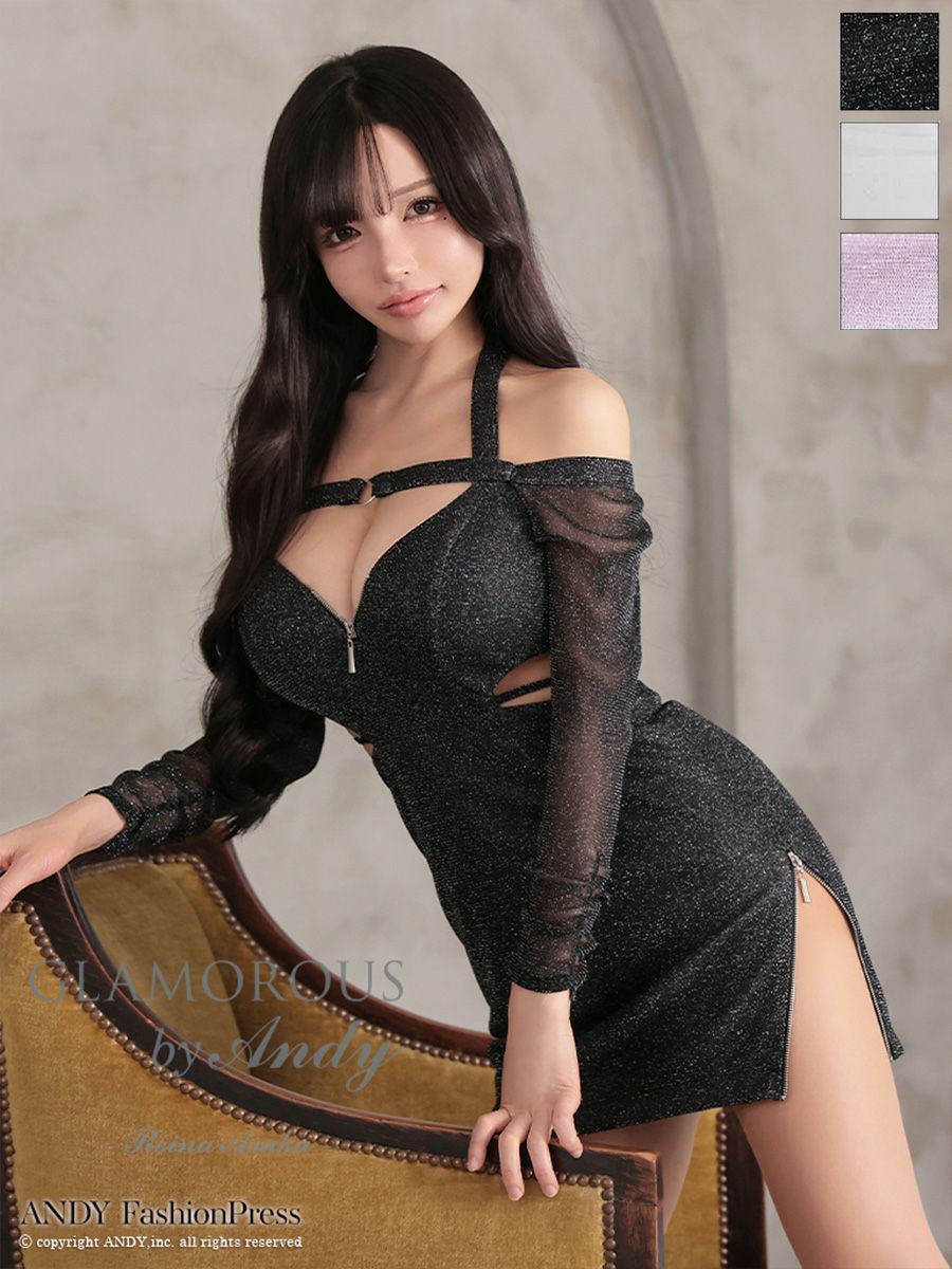 キャバドレス GLAMOROUS グラマラス ラメ シアー スリット くびれ透け 肩あき 袖あり タイトミニドレス