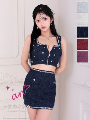 キャバドレス an アン セットアップ ノースリーブ ジップデザイン ツイード チェック柄 スクエアネック ビジュー 飾りポケット タイトミニドレス