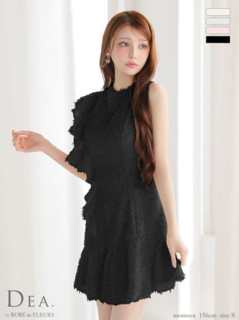キャバドレス DEA. ROBE de FLEURS ディア ローブドフルール フリンジジャガード アシメ ノースリーブ フリル ハイネック フレアミニドレス