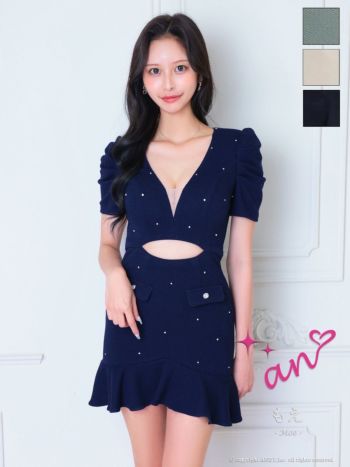アン　an フリルネイビードレス・ビジュードレス　キャバドレス　S XS-Lサイズあり】【Glossy/グロッシー】刺繍レース/ ビジュー