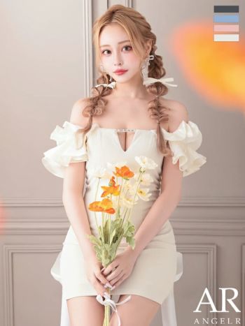 キャバドレス Angel R エンジェルアール 肩あき バストチャーム フリルスリーブ 半袖 ガーリー ビジュー フレアミニドレス