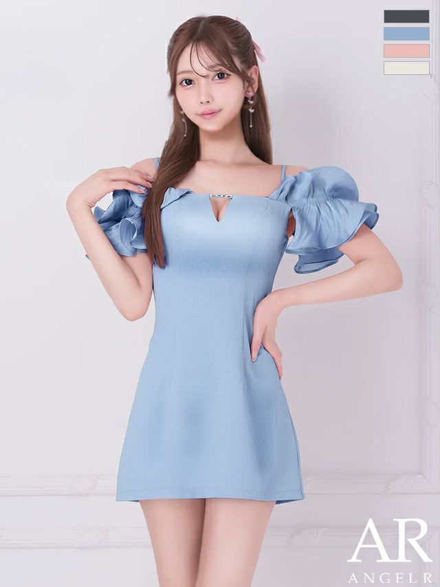 キャバドレス Angel R エンジェルアール フリルスリーブ 半袖 ガーリー肩あき バストチャーム ビジュー フレアミニドレス