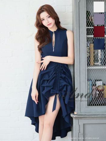 キャバドレス Andy アンディ ギャザーデザイン リボン ハイネック ジップデザイン ノースリーブ ロングテールドレス