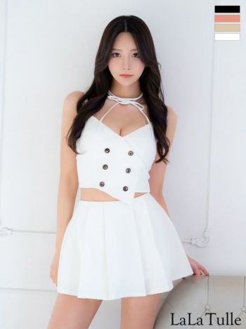 キャバドレス Glossy ROBE de FLEURS グロッシー ローブドフルール プリーツ セクシー ダブルボタン セットアップ キャミソール オープンバスト チョーカー付き フレアミニドレス