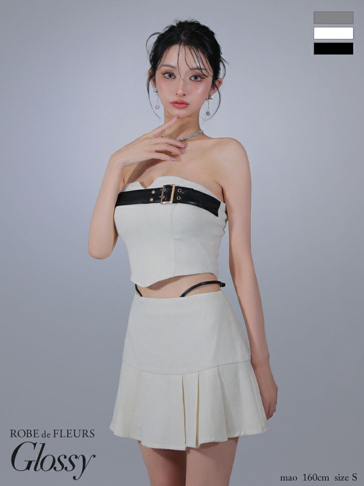 キャバドレス Glossy ROBE de FLEURS グロッシー ローブドフルール ツイード 合皮 キャミソール セットアップ ベルトデザイン レザーコード フレアミニドレス