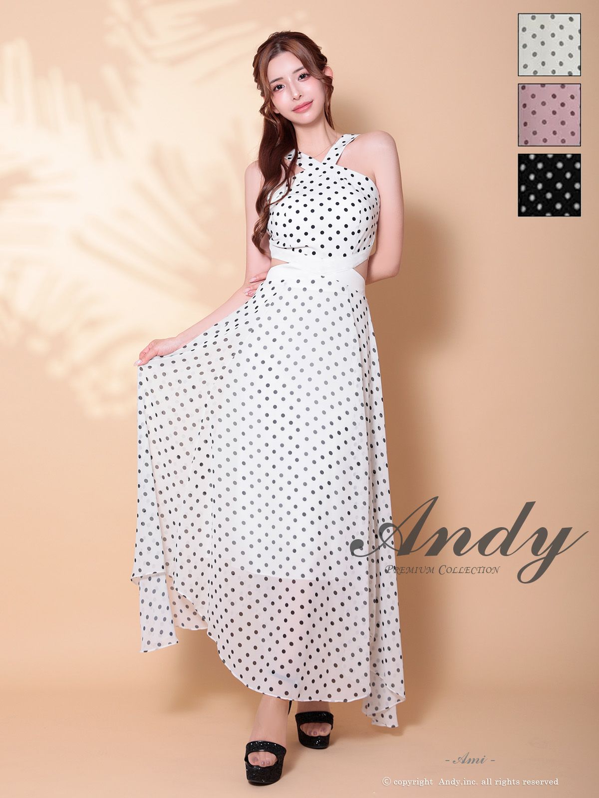 Andy/アンディ】ドット柄 カットアウト シフォン ホルターネック A