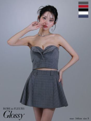 キャバドレス Glossy ROBE de FLEURS グロッシー ローブドフルール  チェック柄 セットアップ オープンバスト ベアデザイン プリーツ セクシー フレアミニドレス