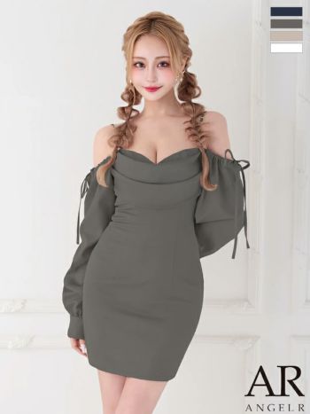 キャバドレス Angel R エンジェルアール ワンカラー バストドレープ 2way 肩あき 長袖 リボン タイトミニドレス